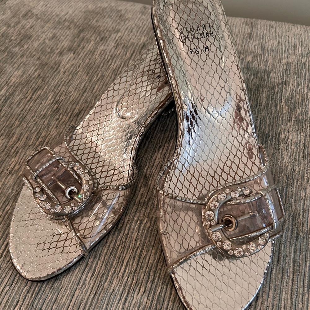 Stuart Weitzman Silver Snakeskin Mules